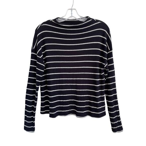 Anthropologie Sz M Mock Neck Stripe Top Black Stretch Ribbed Soft Comfy Fall NWT - Picture 2 of 14
